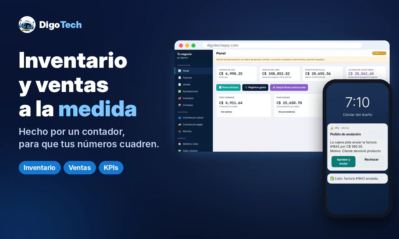 Panel con ventas, ganancia y caja del día, y aviso de aprobación en el celular del dueño